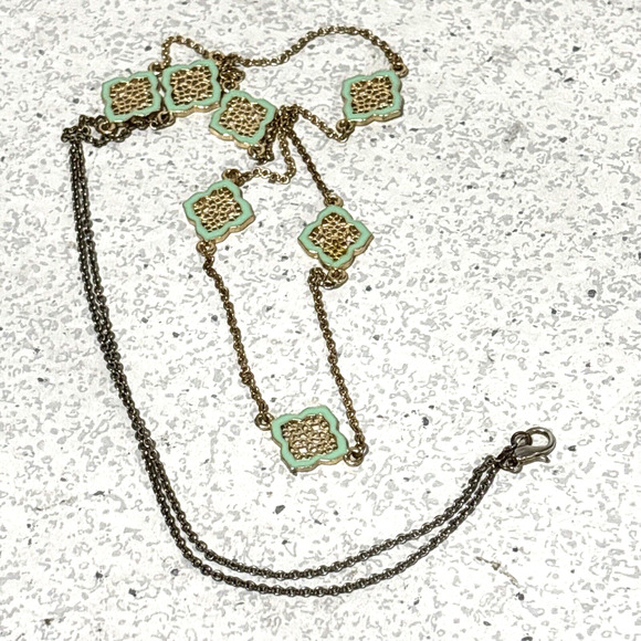 Fine Gold Station Chain Necklace w/ Mint Green Sections Single Strand Fashion - Picture 9 of 9